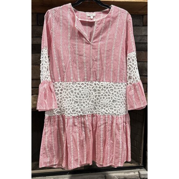 Women’s TYLER BOE Red/White Striped Lace Embroidered Dress Size M *C7 - Picture 1 of 4